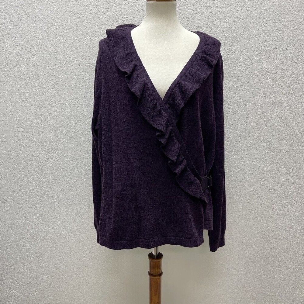 A Giannetti Cardigan Sweater Womens 2X 100% Merino Wool Open Front Ruffles Plum
